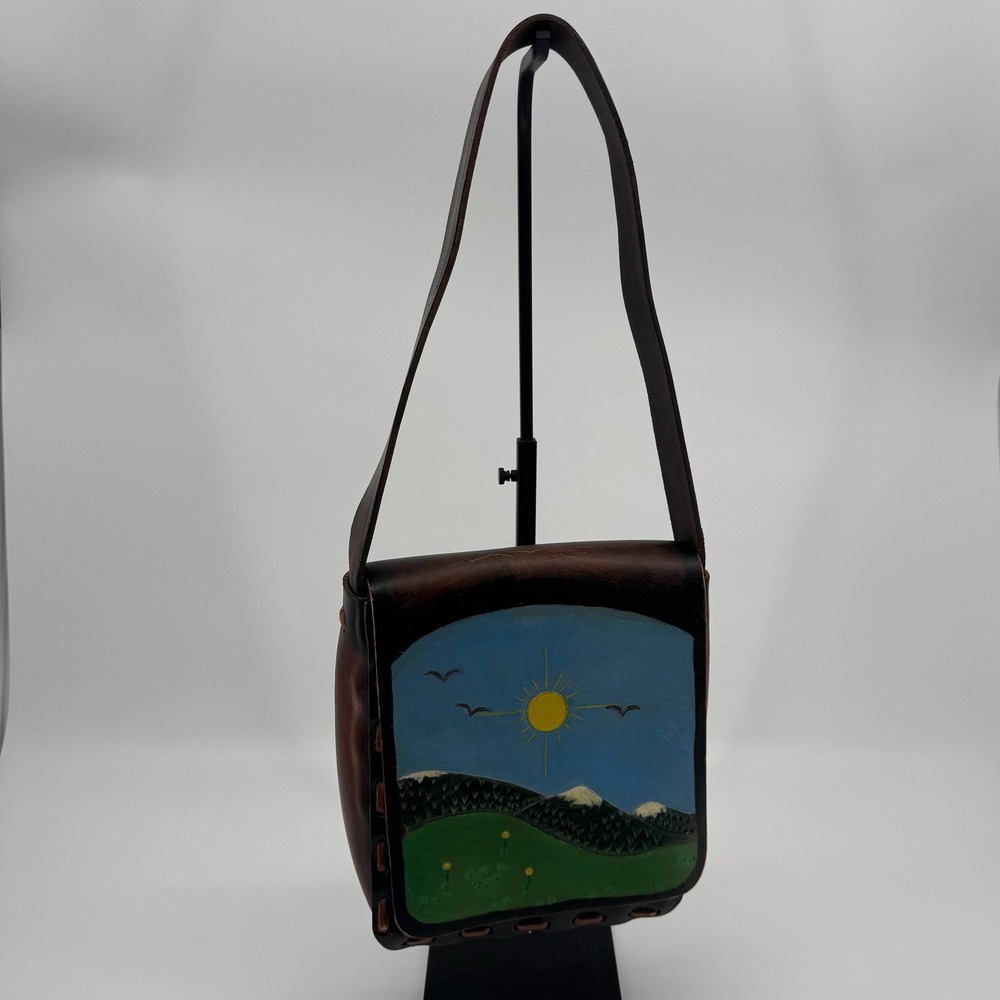 Vtg 70s Hand Painted Leather Shoulder Bag Scenic Landscape Folk Art Western